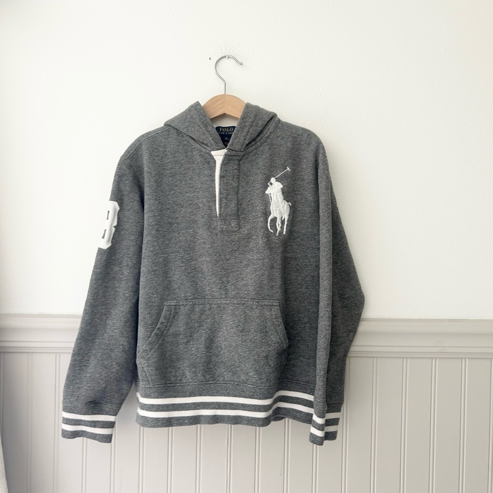 Polo by Ralph Lauren Boys Medium Heather Gray Rugby Hoodie Sweatshirt